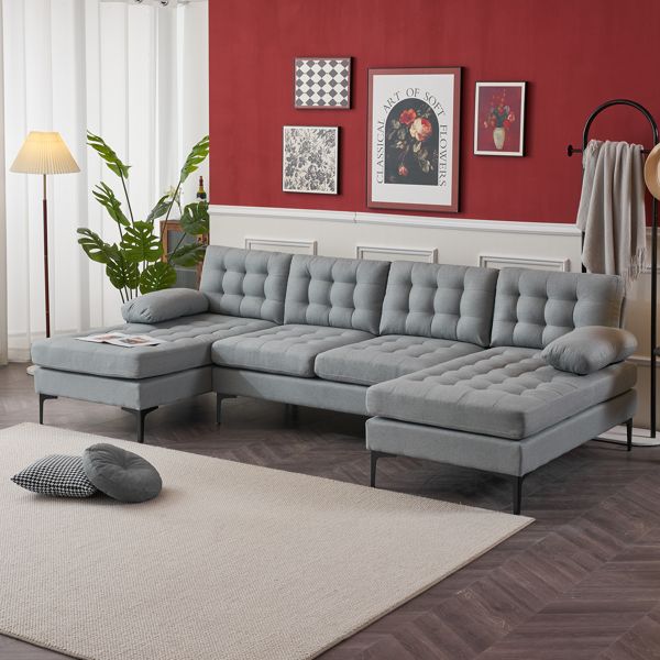 Light Gray U-Shape Indoor Sectional Sofa Soft-Covered Armrest Backrest Pull Point Wooden Frame Iron Frame Black Feet Living Room
