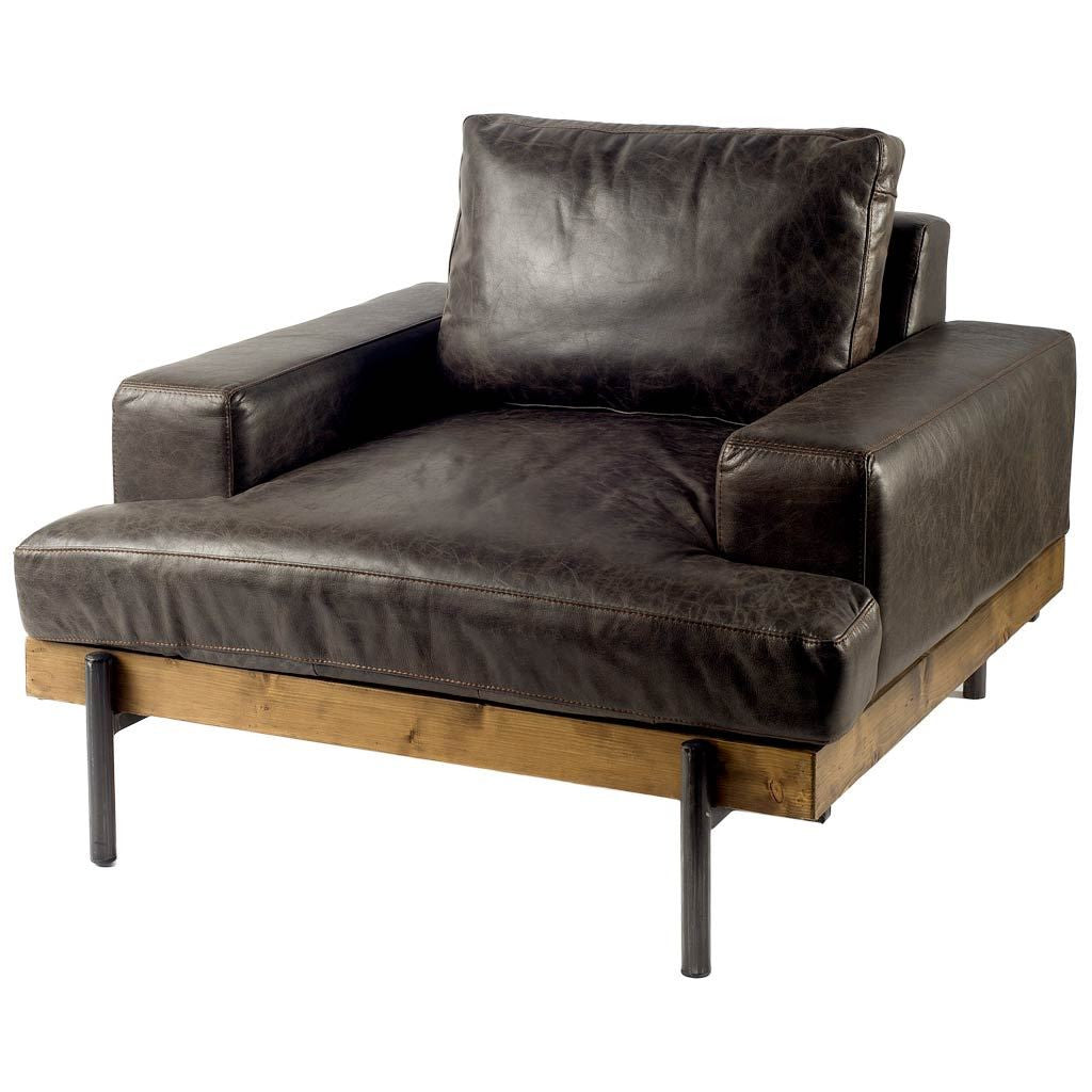 HMS 41-Genuine Leather Japanese Mid-Century Distressed Club Chair Tufted Extendable for Home Office Bar Use Black Faux Leather