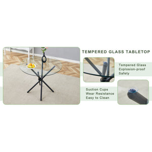 FCJ Circular Transparent Tempered Glass Coffee Table 36.6-Inch Diameter 0.3-Inch Thick with Ring-Shaped Black Metal Desktop