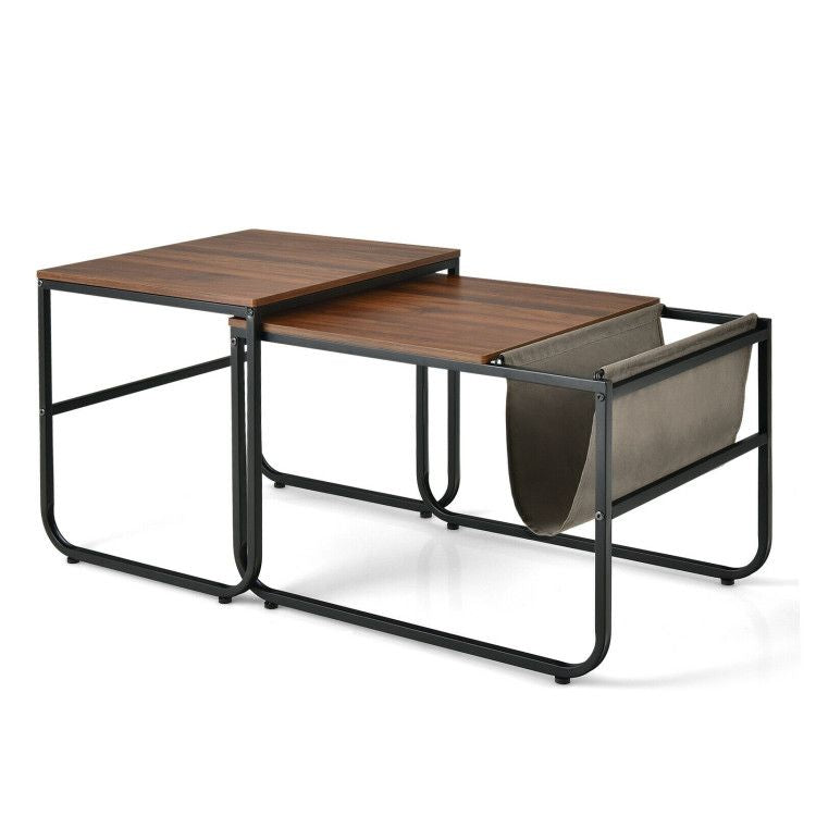 Set of 2 Nesting Coffee Tables with Practical Side Pocket for Living Room or Bedroom