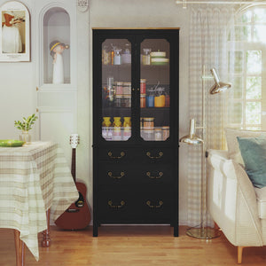 Free Standing Tall Storage Utility Cupboard Kitchen Pantry Cabinet Tempered Glass Doors Adjustable Shelves for Living Room