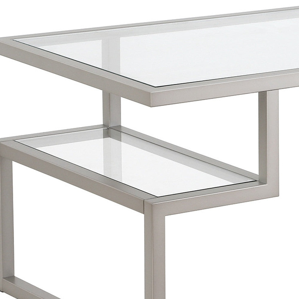 HMS 45 Convertible Silver Glass Steel Coffee Table Two Shelves Tempered Glass Top Farmhouse Style Side for Tea for Living Room