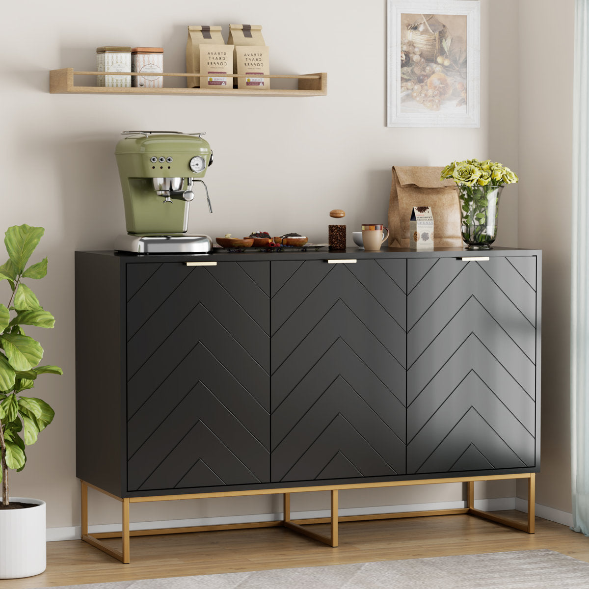 US Overseas Warehouse Free Shipping Black Storage Buffet Cabinet 3 Doors Sideboard Cabinet with Adjustable Shelf