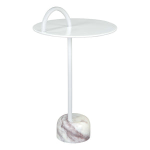 HMS 25\" White Iron and Marble Round Pedestal End Table Elegant Coffee Table with Intricate Design