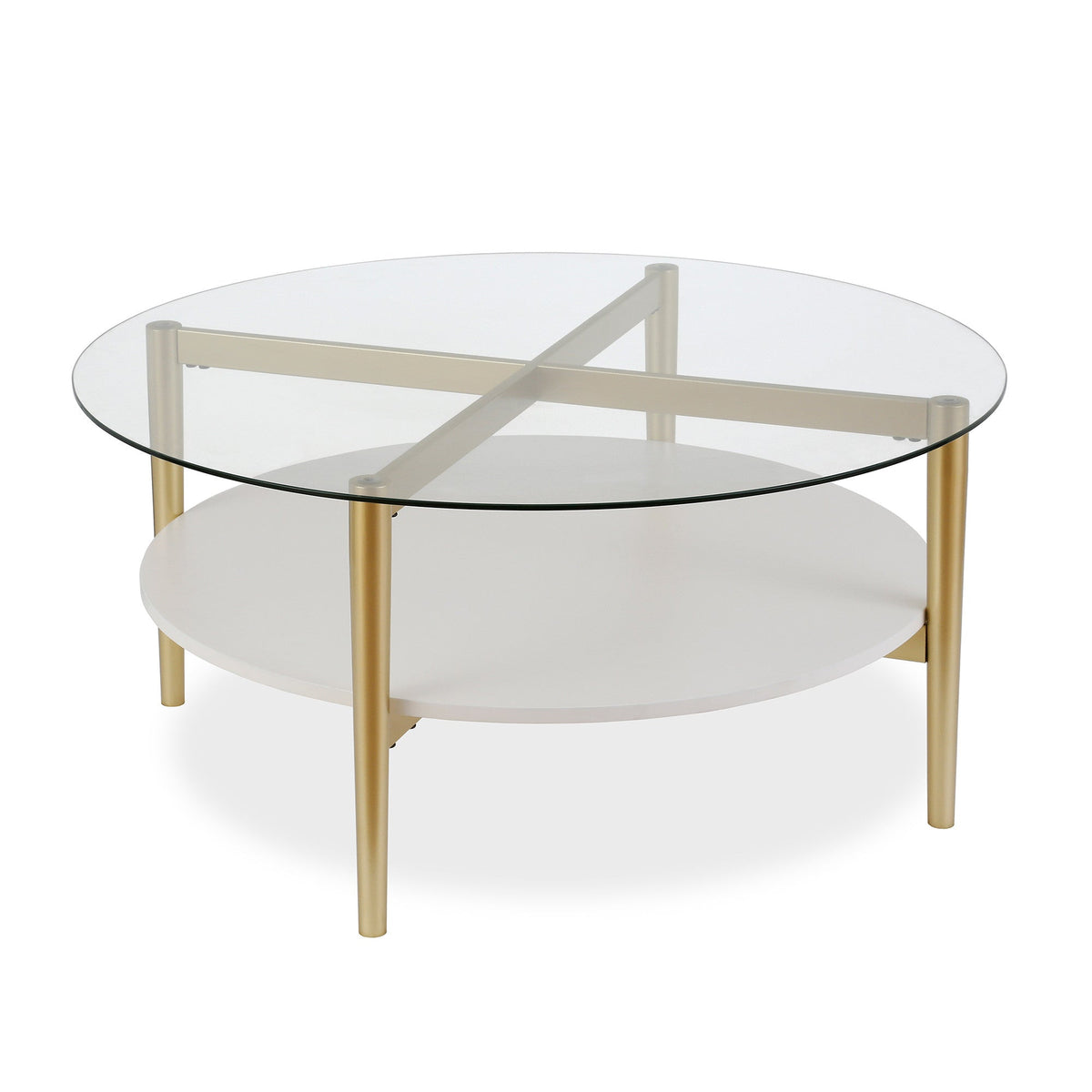 HMS 36\" Clear and Gold Glass and Steel Round Coffee Table with Shelf