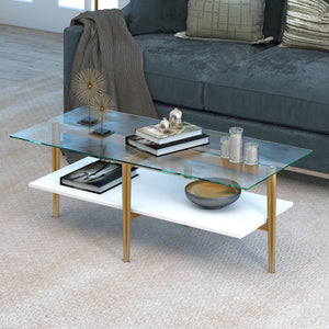 HMS 47\" Gold Tempered Glass and Steel Coffee Table with Shelf Living Room Furniture for Entry Sintered Stone Material