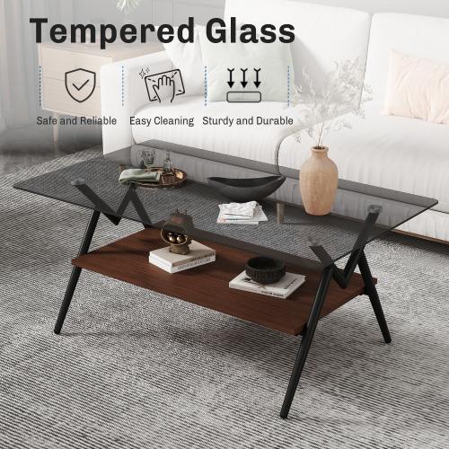 Modern Rectangle Coffee Table Tempered Glass Top Black MDF Shelf Convertible Design for Living Room Entry Scandinavian Style