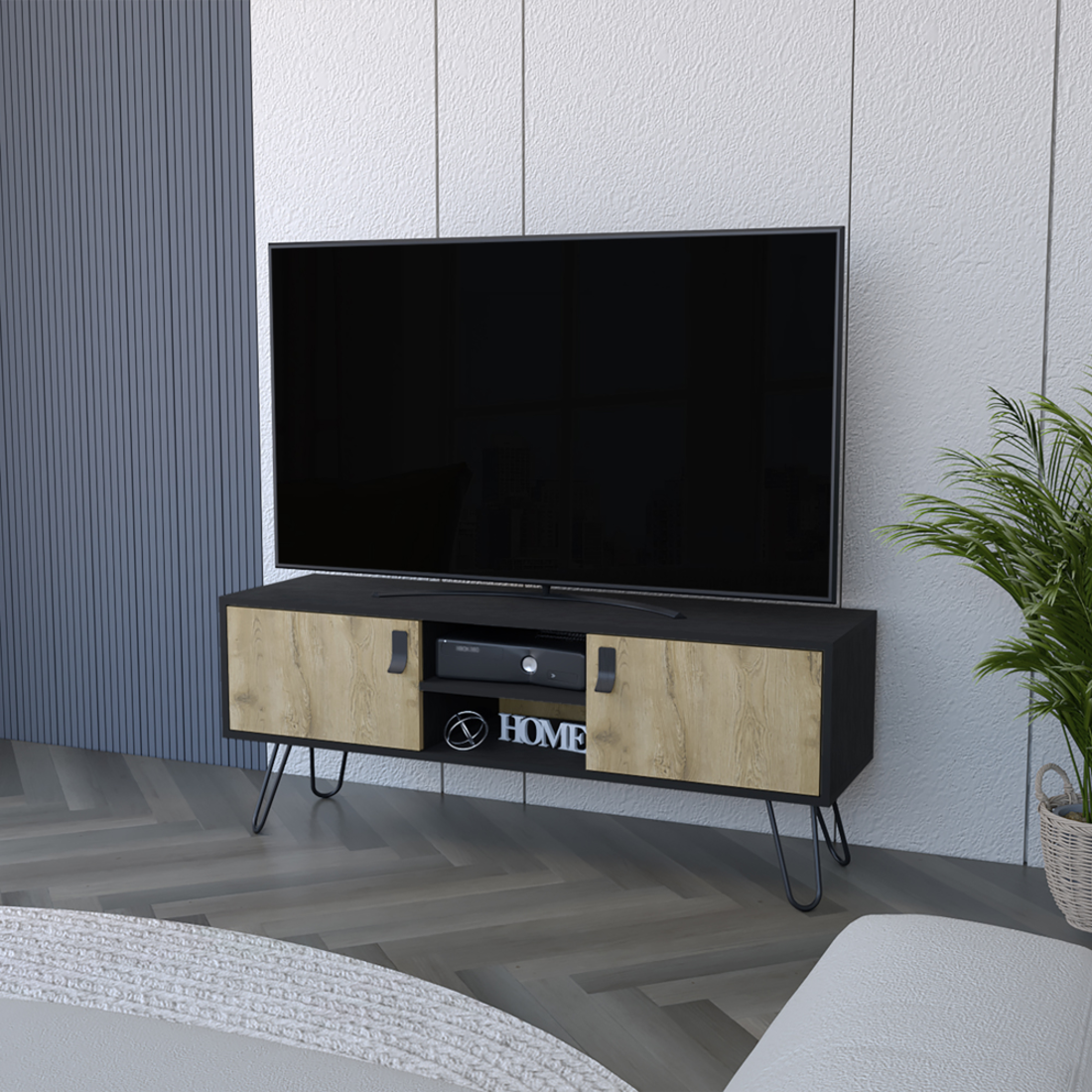 HMS 48\" Beige and Black TV Stand with Open and Enclosed Storage Cabinets