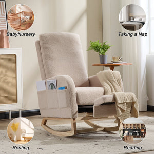 Modern Accent High Backrest Rocking Chair Solid Wood Legs Beige Teddy Upholstered Nursery Glider Rocker Comfy Living Room