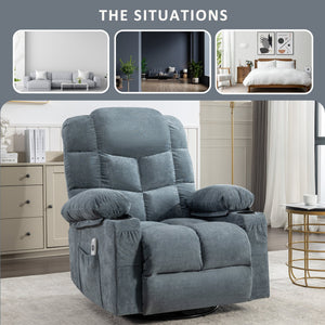 Oversized 2-Cup Holders USB Charge Port Modern Soft Features Manual Massage Heat Grey Blue Rocking Chair for Adults for Massage