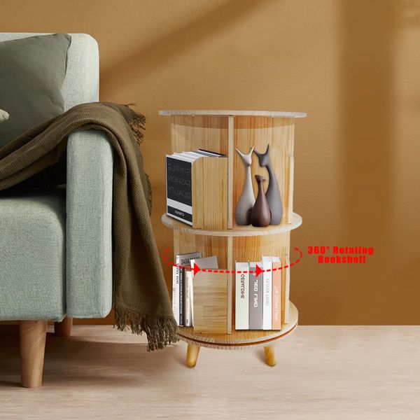 2-Layer 360-Rotation Pine Wood Bookcase Display Rack and Bookshelf