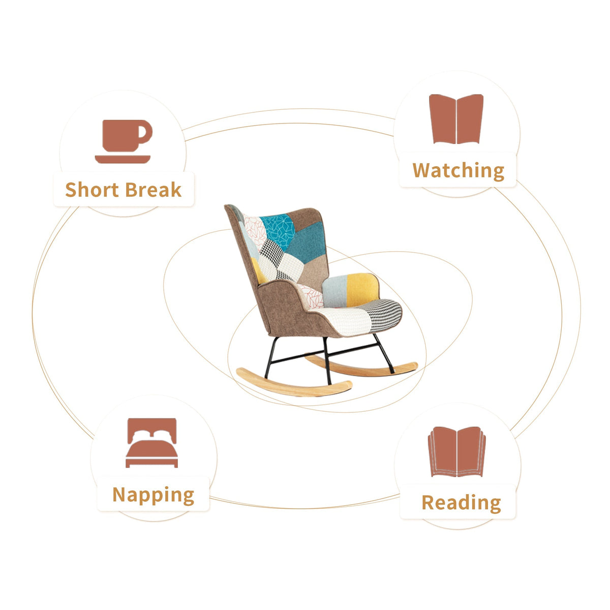 Rocking Chair, Mid Century Fabric Rocker Chair with Wood Legs and Patchwork Linen for Livingroom Bedroom