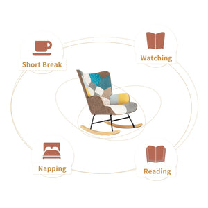 Rocking Chair, Mid Century Fabric Rocker Chair with Wood Legs and Patchwork Linen for Livingroom Bedroom