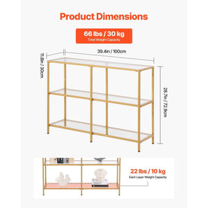 Modern 3-Tier Glass Console Table Golden Iron Legs Anti-Tip Device Rectangular Tempered Glass Top for Living Room Entryway Foyer