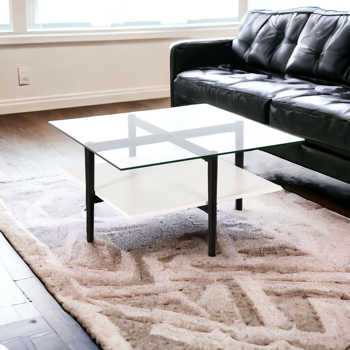 HMS 32\" White and Black Glass and Steel Square Coffee Table with Shelf