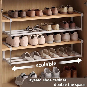 Adjustable Expandable Iron Shoe Rack Space-Saving Stackable Hanging Storage with Bottom Basket for Home Wardrobe Bathroom Sink