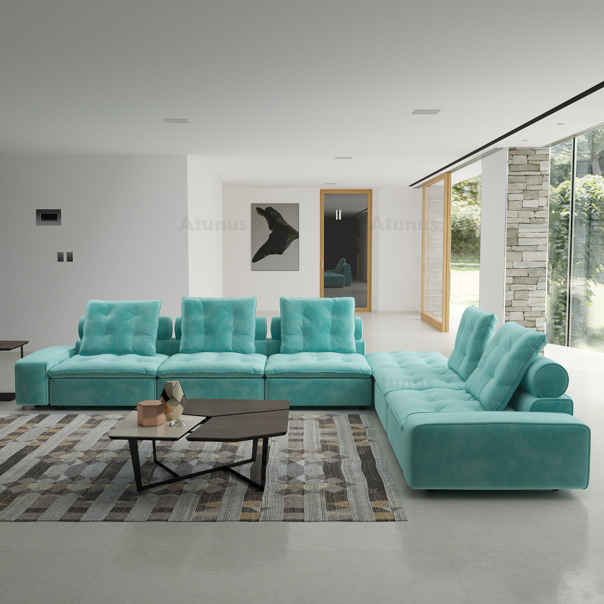 ATUNUS USA in Stock Drop Shipping Tiffany Blue Pet-Friendly Velvet Modular 7 Seater Sectional Sofa Set Scratch Proof Miami Couch