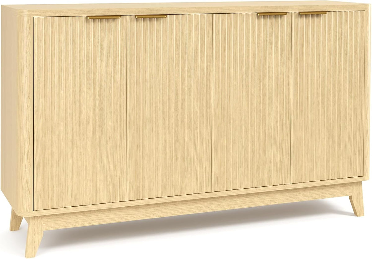 Natural Oak Fluted Sideboard Buffet Cabinet 4-Door Credenza Storage Cabinet Entryway Console Table Accent Coffee Bar