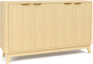 Natural Oak Fluted Sideboard Buffet Cabinet 4-Door Credenza Storage Cabinet Entryway Console Table Accent Coffee Bar