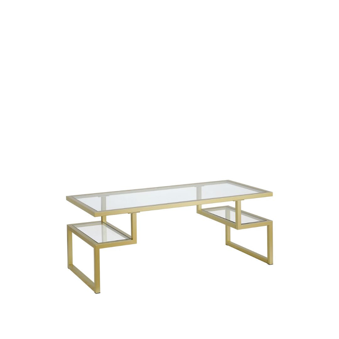 HMS 45\" Gold Glass and Steel Coffee Table for Living Room Rectangular Tempered Glass Top with Two Shelves