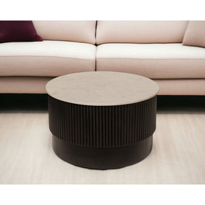 HMS 31\" White and Dark Brown Genuine Marble Drum Coffee Table with Solid Wood Round Design