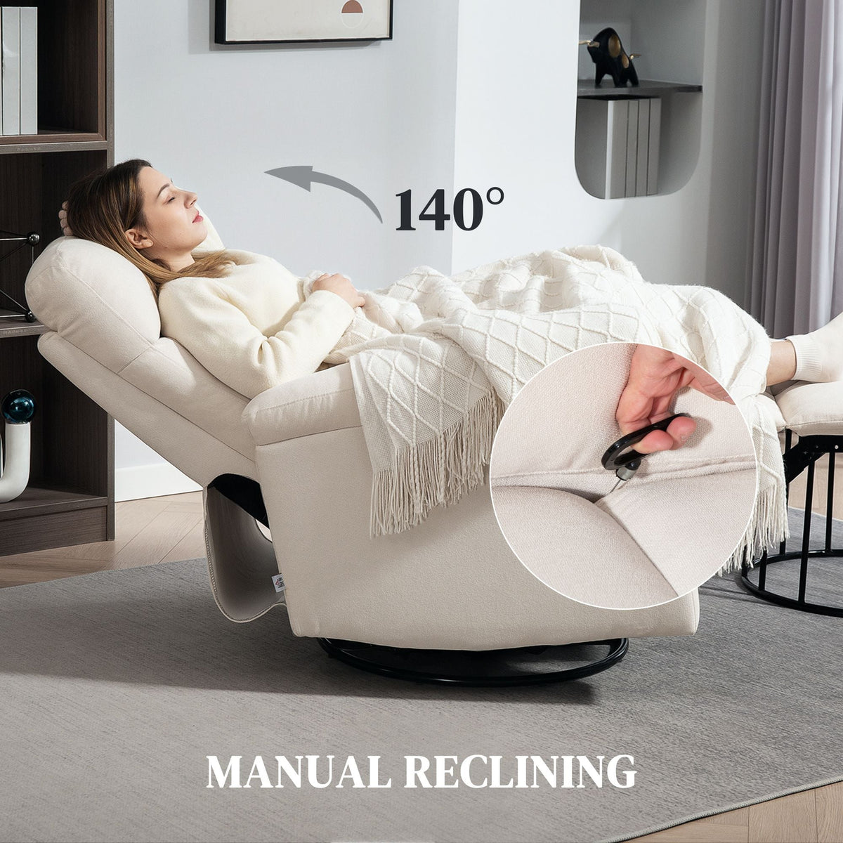 Cream Single Sofa Recliner Chair Wide Swivel Rocker with Pocket Spring Footrest Quick Assembly Overstuffed Comfortable Design