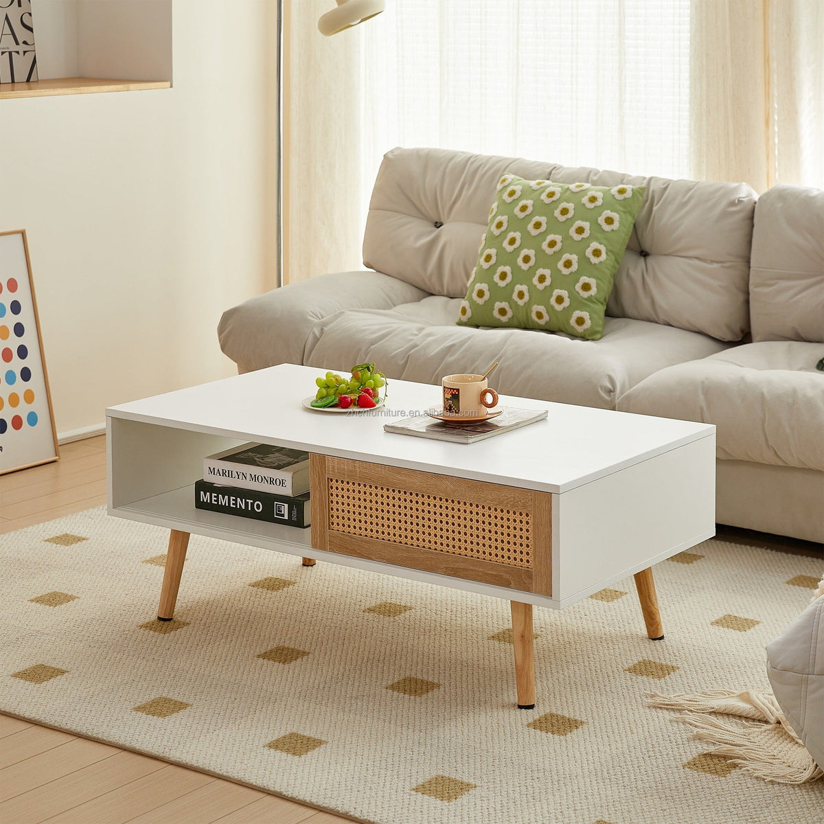 41.34" Rattan Coffee Table Sliding Door for Storage Solid Wood Legs Modern Table for Living Room Natural