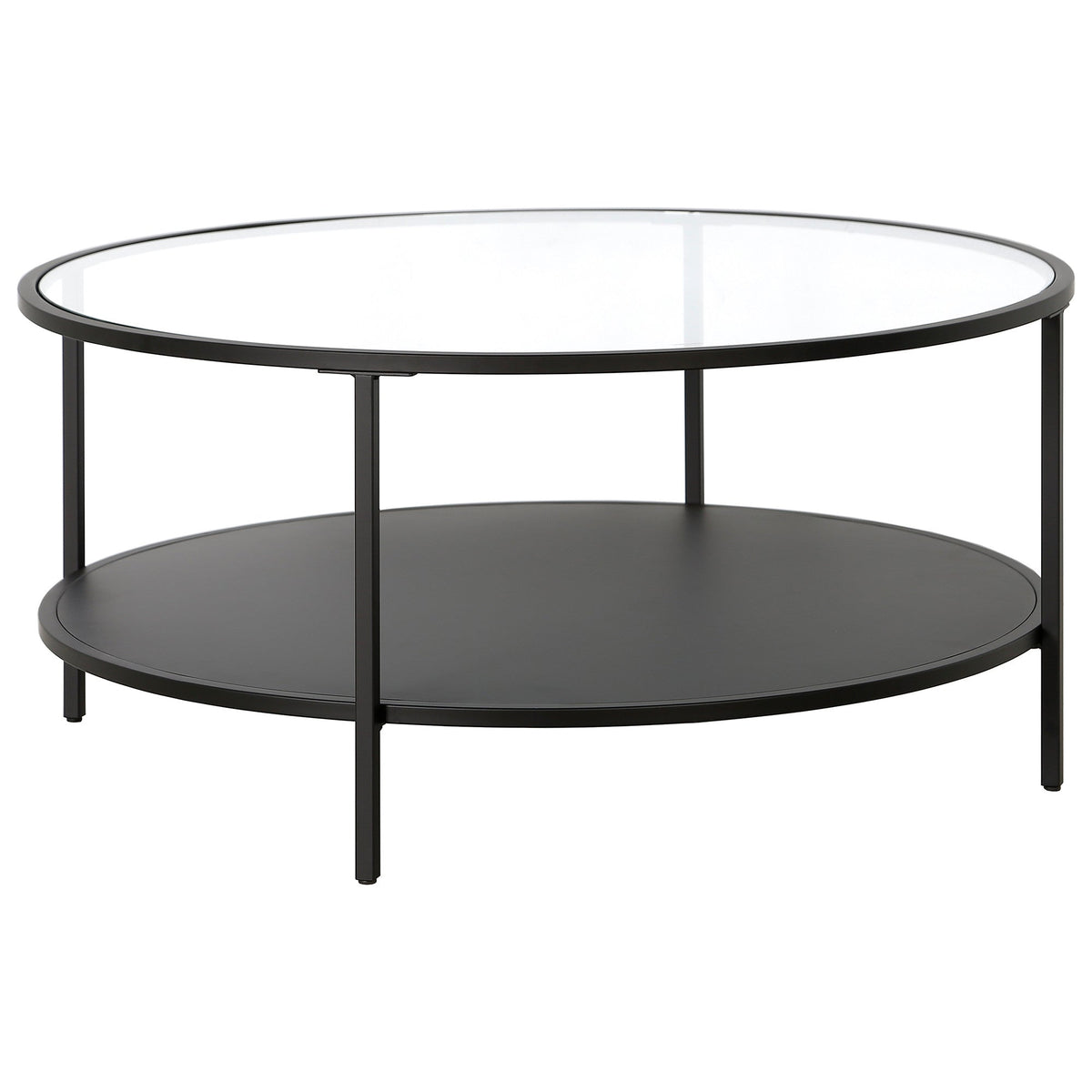HMS 36\" Farmhouse Style Round Coffee Table with Black Steel Frame Tempered Glass Top Featuring Shelf for Living Room Furniture