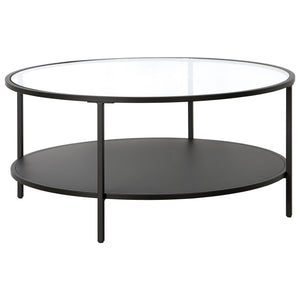 HMS 36\" Farmhouse Style Round Coffee Table with Black Steel Frame Tempered Glass Top Featuring Shelf for Living Room Furniture