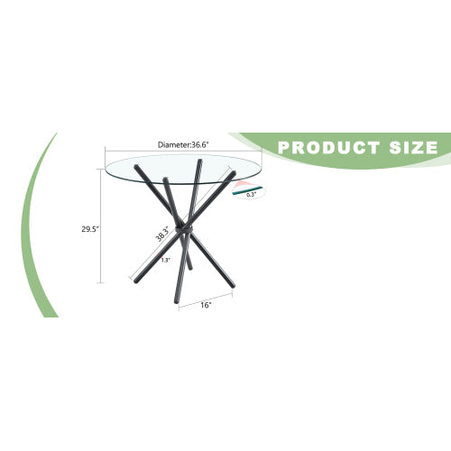 FCJ Circular Transparent Tempered Glass Coffee Table 36.6-Inch Diameter 0.3-Inch Thick with Ring-Shaped Black Metal Desktop