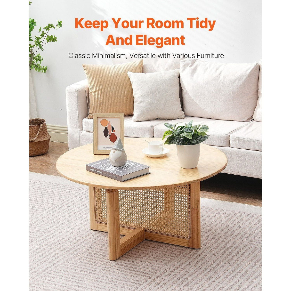 Single Tier Round Wood and Rattan Coffee Table for Living Room