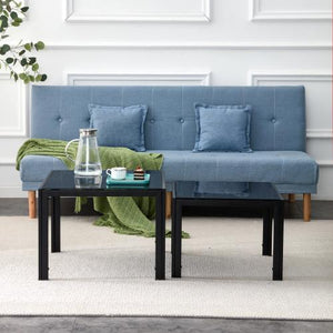 Modern Square Nesting Coffee Table Set of 2 Easy-to-assemble Mango Material with Tempered Glass Finish for Living Room Black