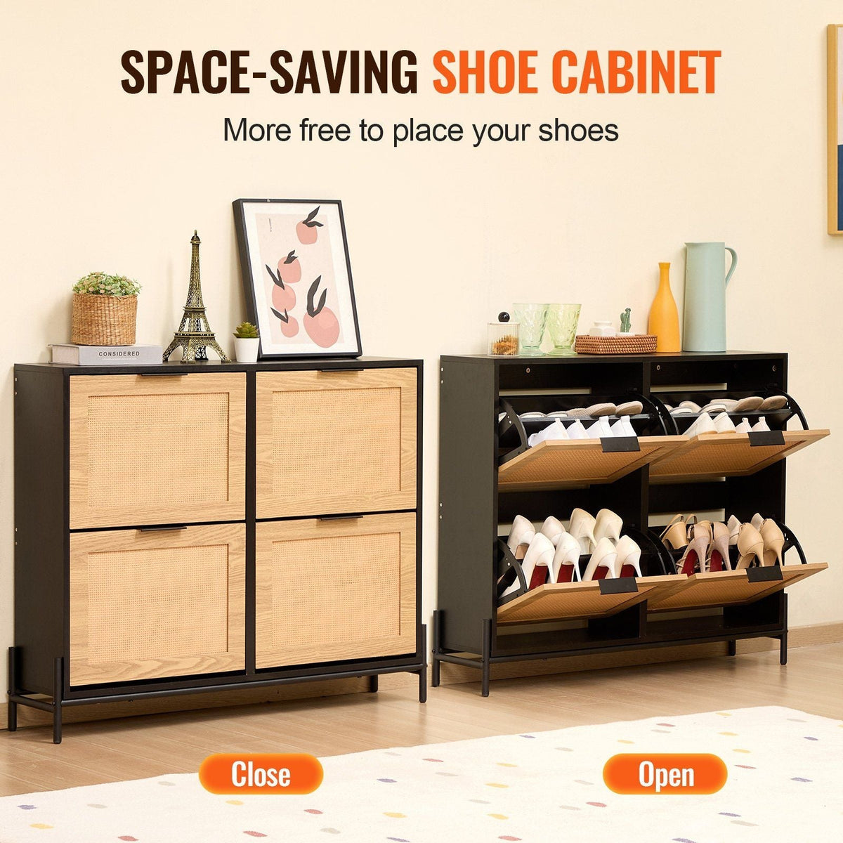 Narrow Entryway Storage Cabinet 4 Flip Drawers Rattan Shoe Organizer Light Wood Color Metal Legs Slim Shoe Rack for Closet