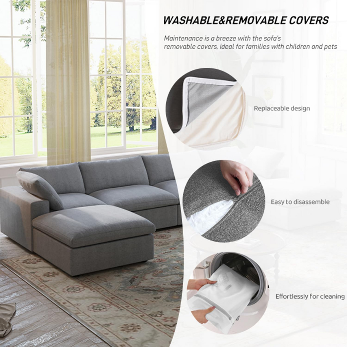 ATUNUS USA in Stock Drop Shipping Chenille Linen Mix Fabric Living Room Nordic Cloud White Modular Sectional Couch Sofa Set