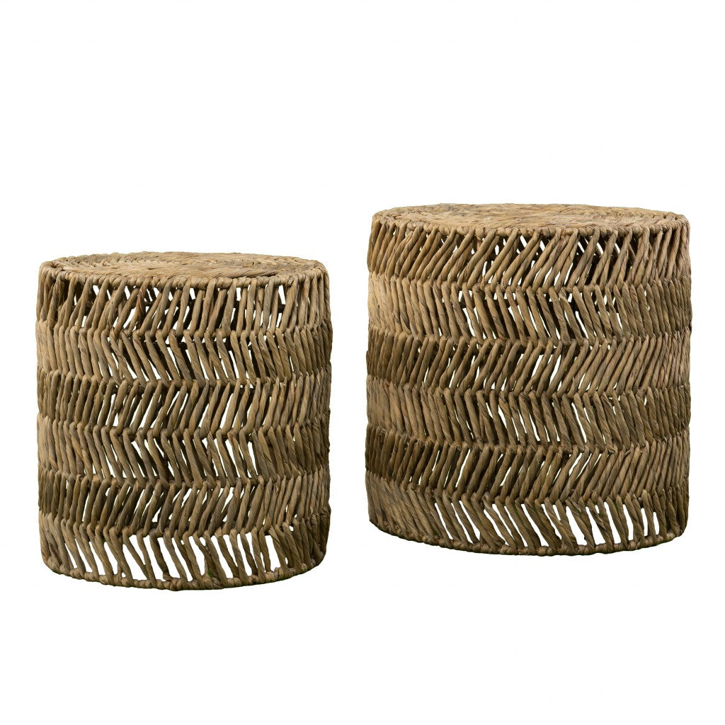 HMS Traditional 18\" Natural Woven Rattan End Tables Set of Two Rectangle Living Room Furniture with Metal Stand for Home Use