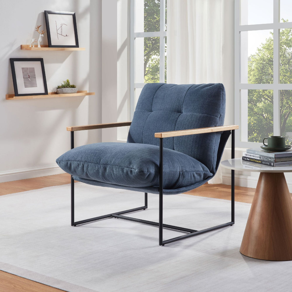 Modern Comfortable Accent Chair with Removable Cushion Blue Vanity Chair with Wood Armrests for Living Room Bedroom