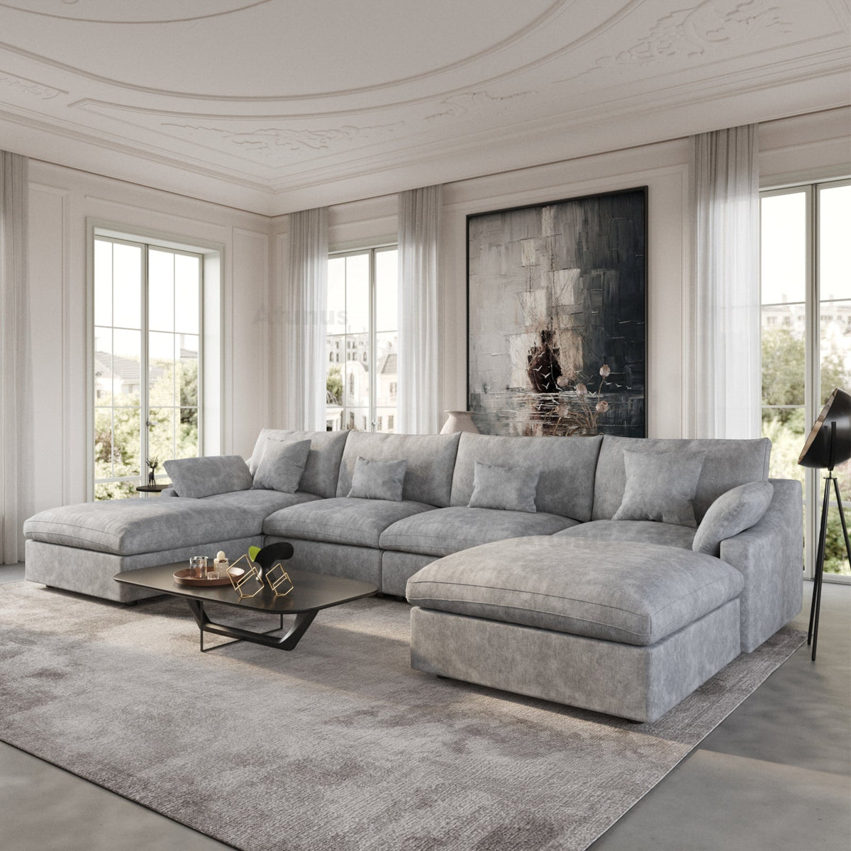 ATUNUS USA in Stock Drop Shipping Chenille Linen Mix Fabric Living Room Nordic Cloud White Modular Sectional Couch Sofa Set