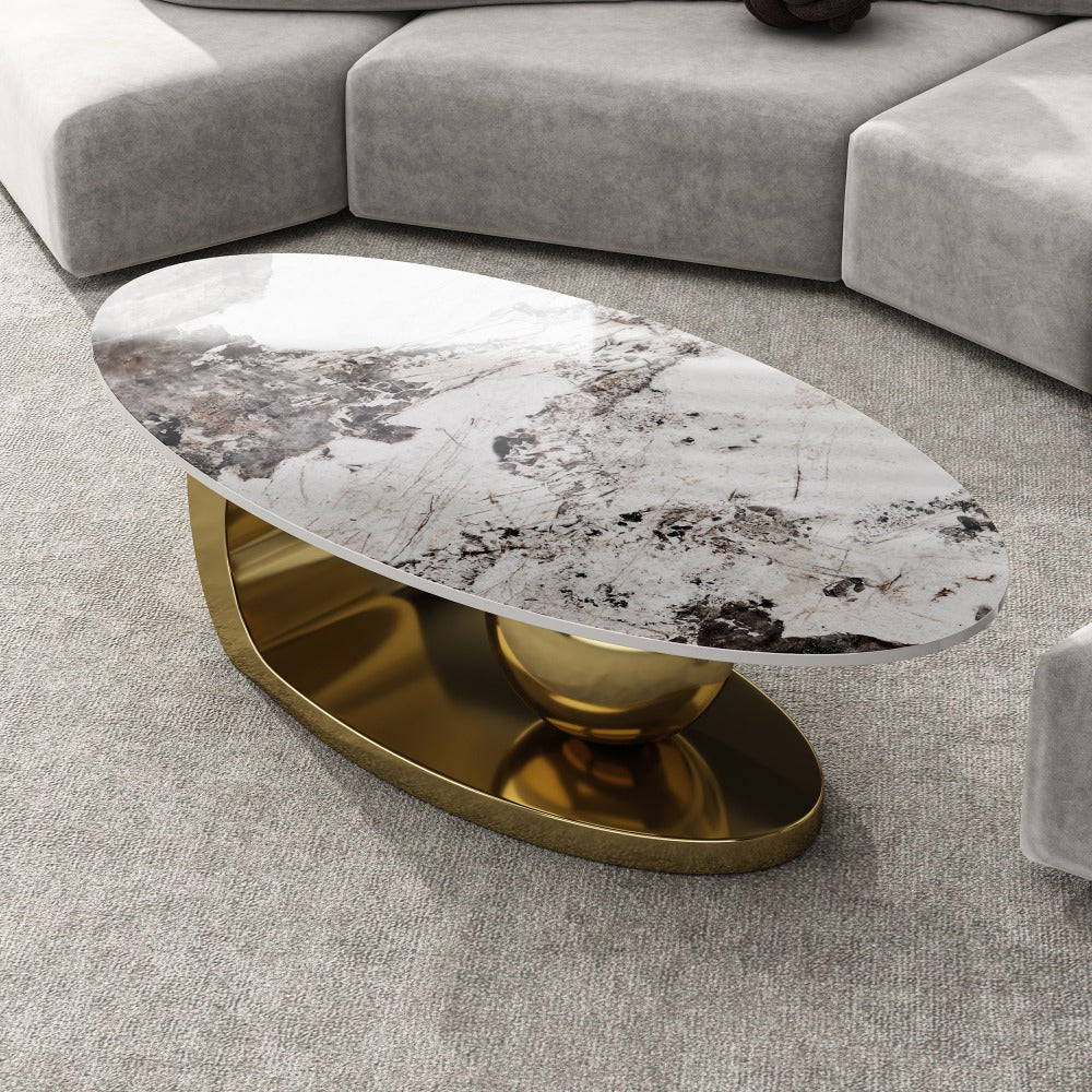 51 Inches Oval Faux Marble Coffee Table With Stainless Steel Base