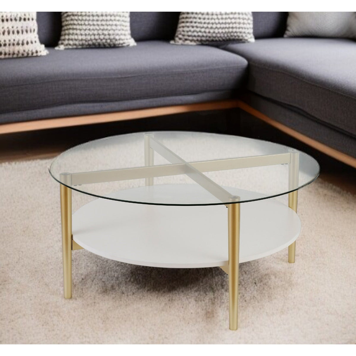 HMS 36\" Clear and Gold Glass and Steel Round Coffee Table with Shelf