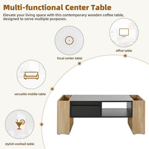 High Glossy Coffee Table with 2 Drawers, Practical Two Tone Center Table with Hidden Compartments, Rectangle Cocktail Table