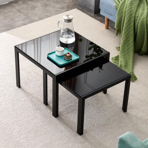 Modern Square Nesting Coffee Table Set of 2 Easy-to-assemble Mango Material with Tempered Glass Finish for Living Room Black