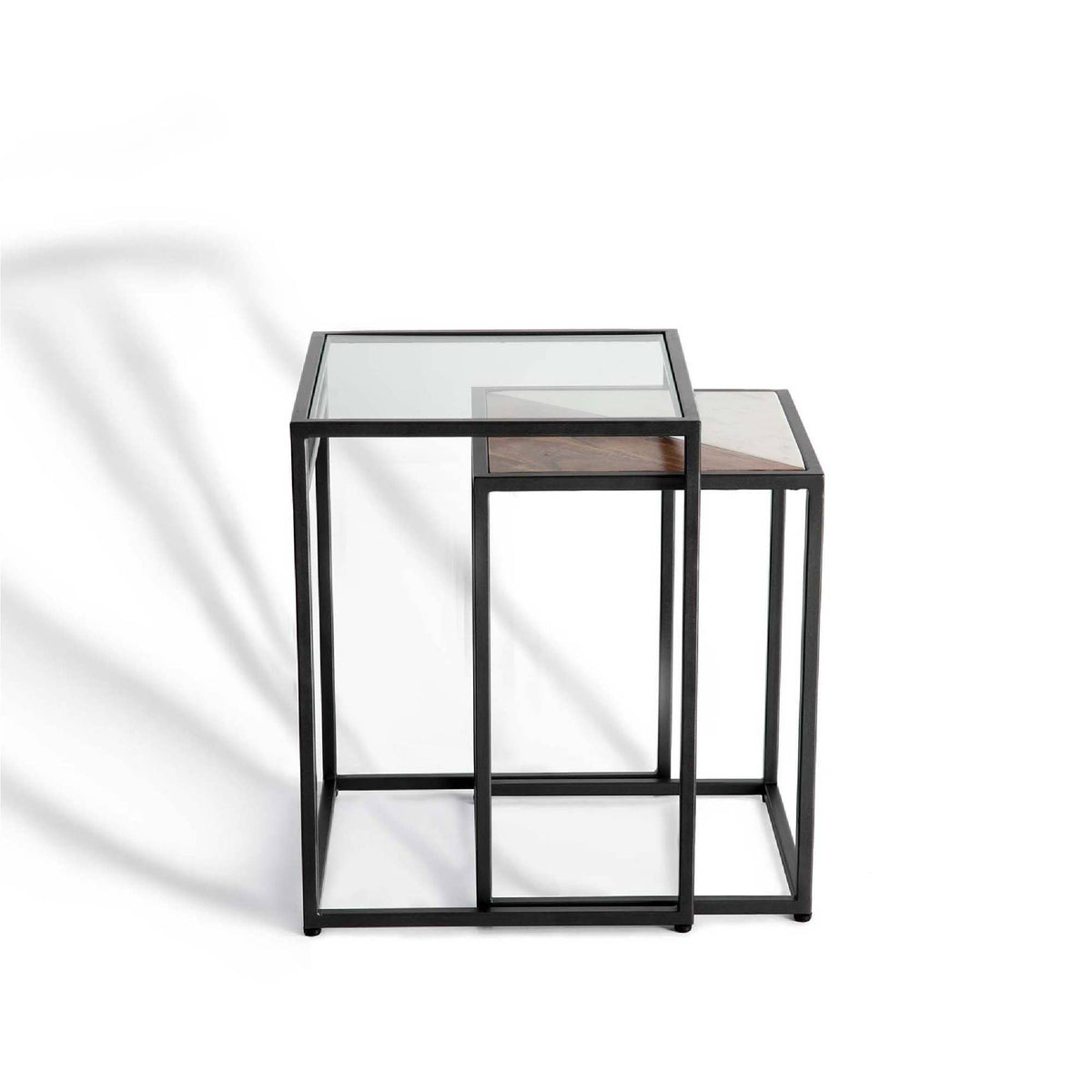 Set of Two Clear and Black Glass Nested Tables with Square Metal Frame HMS Coffee Tables