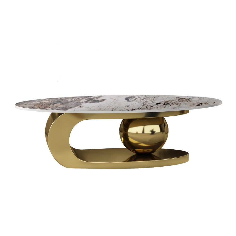 51 Inches Oval Faux Marble Coffee Table With Stainless Steel Base