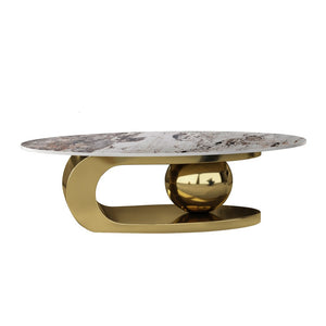 51 Inches Oval Faux Marble Coffee Table With Stainless Steel Base