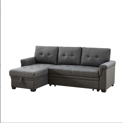 FCJ One-Seater Reversible Linen Sleeper Sectional Sofa Dark Gray with Extendable Storage Chaise for Living Rooms