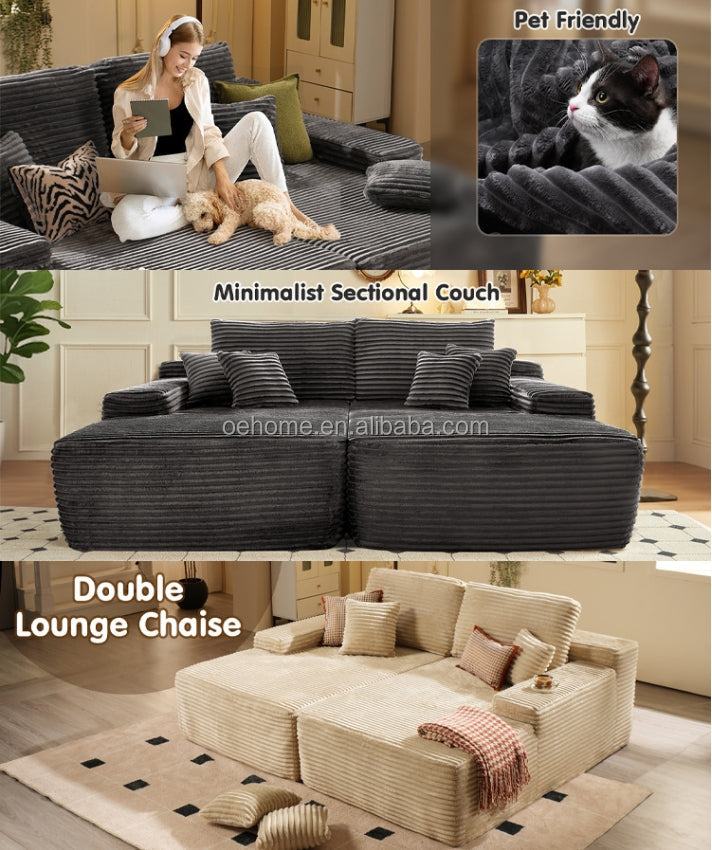 Oversized Vacuum Compressed Boneless Sofa Modern Modular Corduroy Double Chaise Sleeper Sofa Couch
