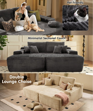 Oversized Vacuum Compressed Boneless Sofa Modern Modular Corduroy Double Chaise Sleeper Sofa Couch