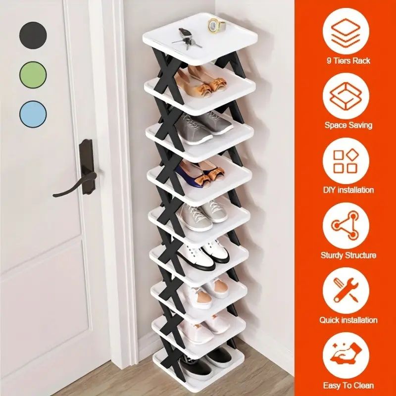 9-Layer High Narrow Entrance Shoe Rack Space-Saving Vertical Plastic Stackable Shoe Rack for Wardrobe for 9 Pairs Shoes for Chri