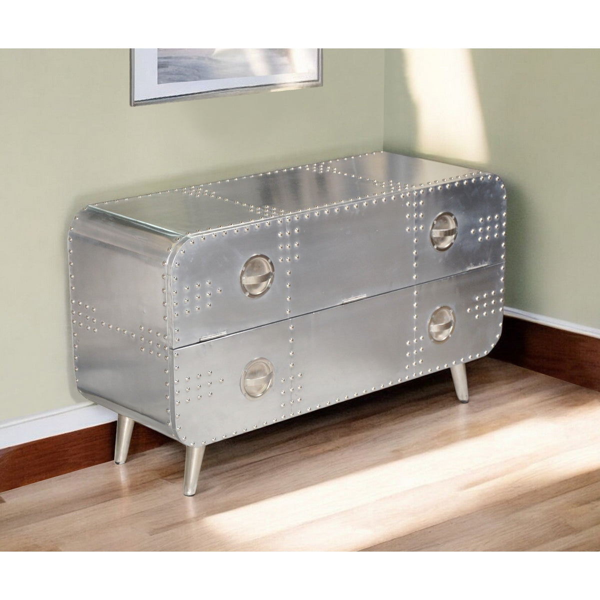 HMS 44\" Luxury Silver Aluminum Enclosed Storage TV Stand Modern Wood Living Room Furniture Table