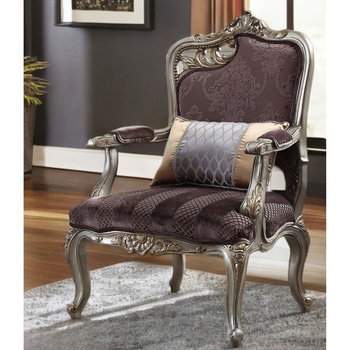 Purple and Platinum Velvet Floral Arm Chair and Toss Pillow HMS 29 for Living Room